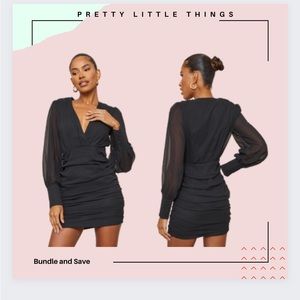 Black Long Sleeve Chiffon Ruched Bodycon Dresd